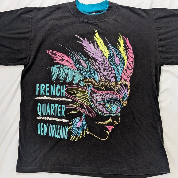 VTG 90s French Quarter New Orleans T-Shirt XL Black Neon Masquerade Lady Retro - Picture 1 of 5